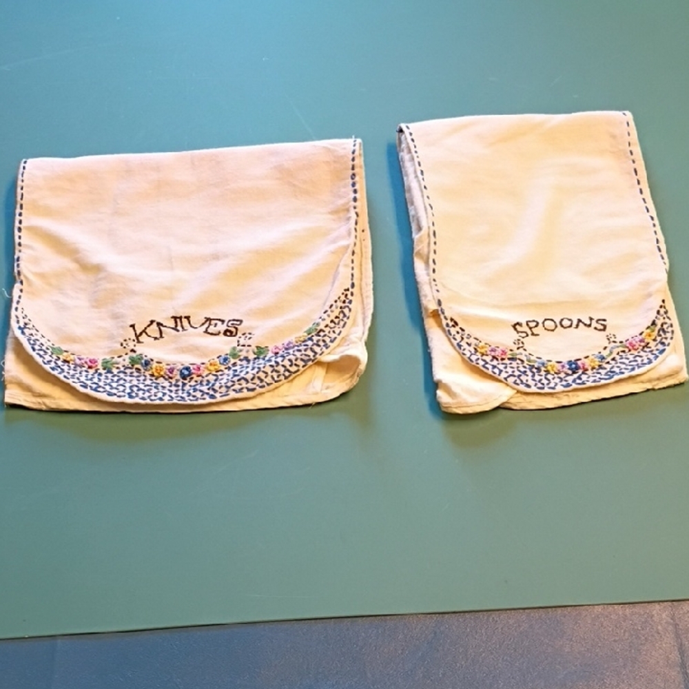 Embroidered Cutlery Storage Pouches - Cream